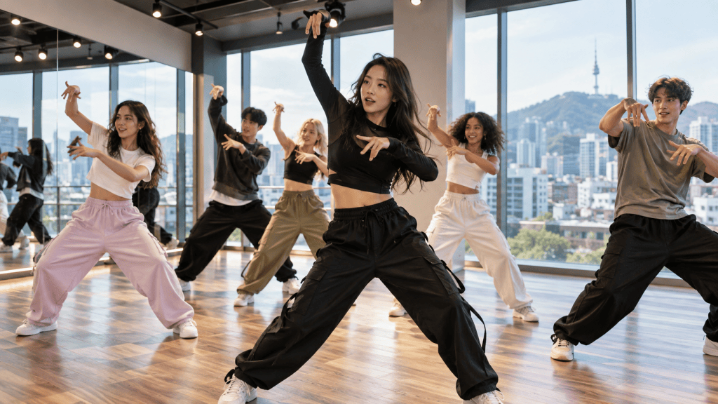 A group of six young dancers performing a choreography in a modern studio with large windows showcasing a city skyline. The dancers wear casual outfits, including crop tops and baggy pants, and are engaged in synchronized movements.
