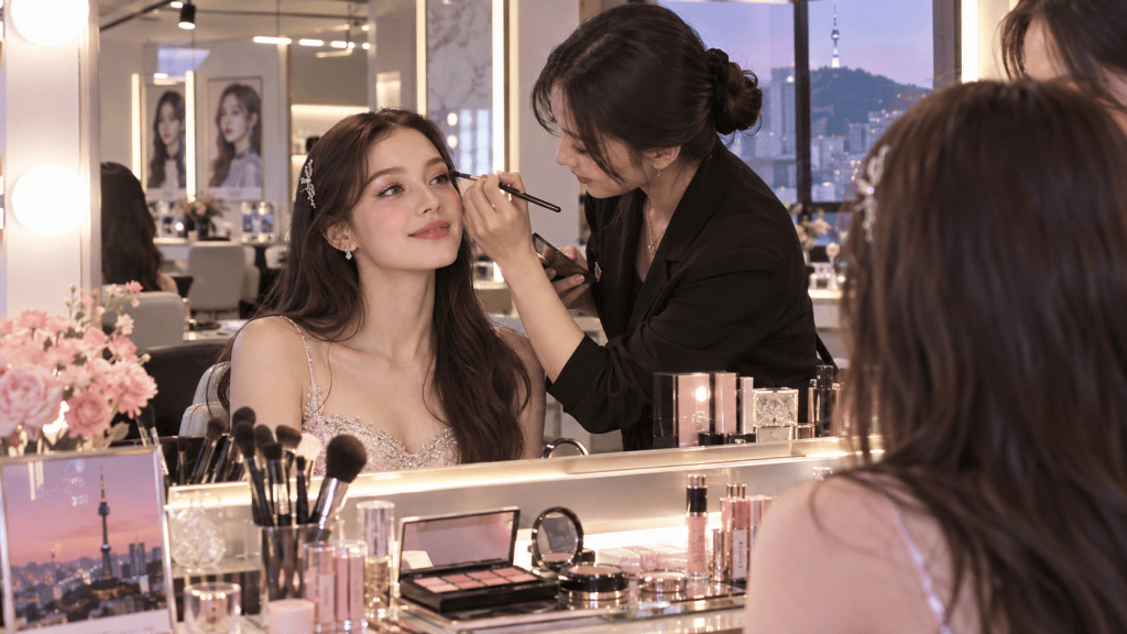 A makeup artist applying makeup to a young woman in a beauty salon setting, with a city skyline visible outside the window.
