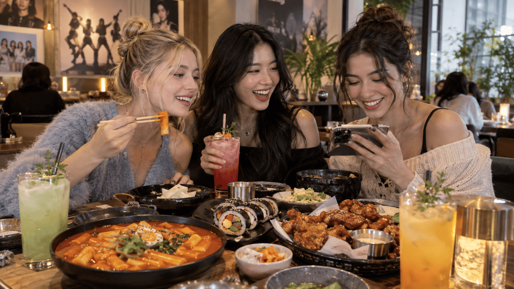 Three friends enjoying a lively meal at a restaurant, sharing dishes of Korean food, including tteokbokki, sushi, and fried chicken, while looking at a phone and having beverages.
