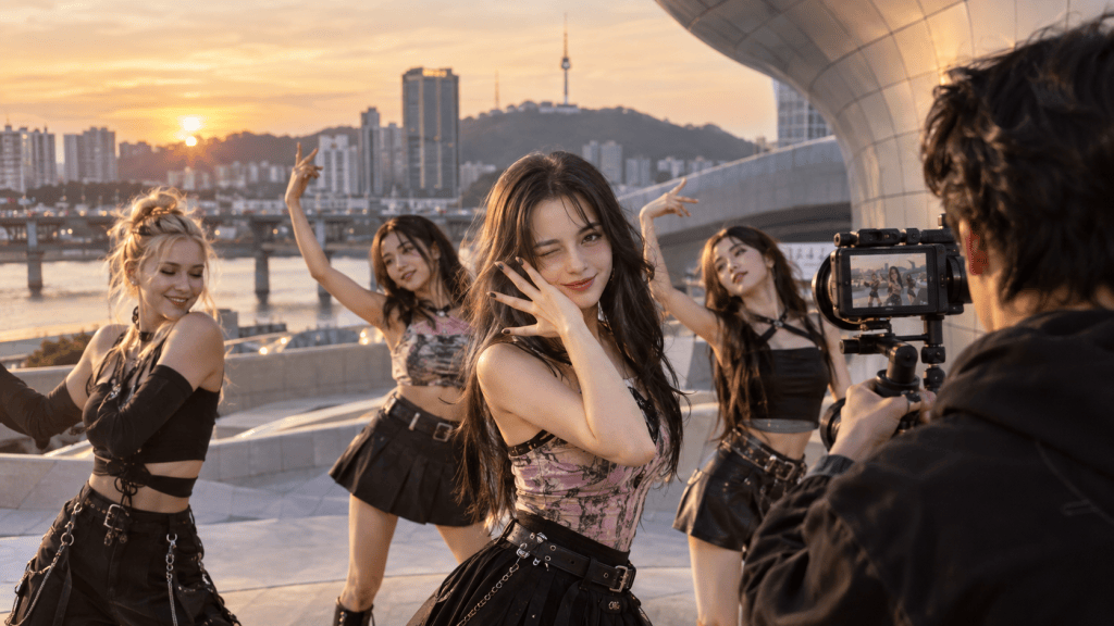 Five women performing a choreographed dance at sunset, with a city skyline and a person filming them.
