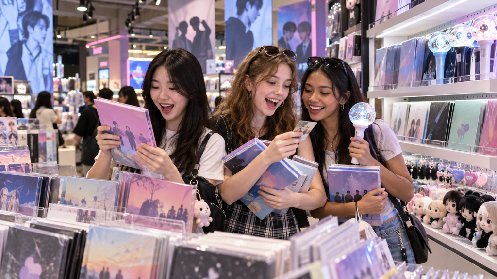Three young women joyfully browsing music albums and merchandise in a vibrant retail store, surrounded by colorful displays and fans.