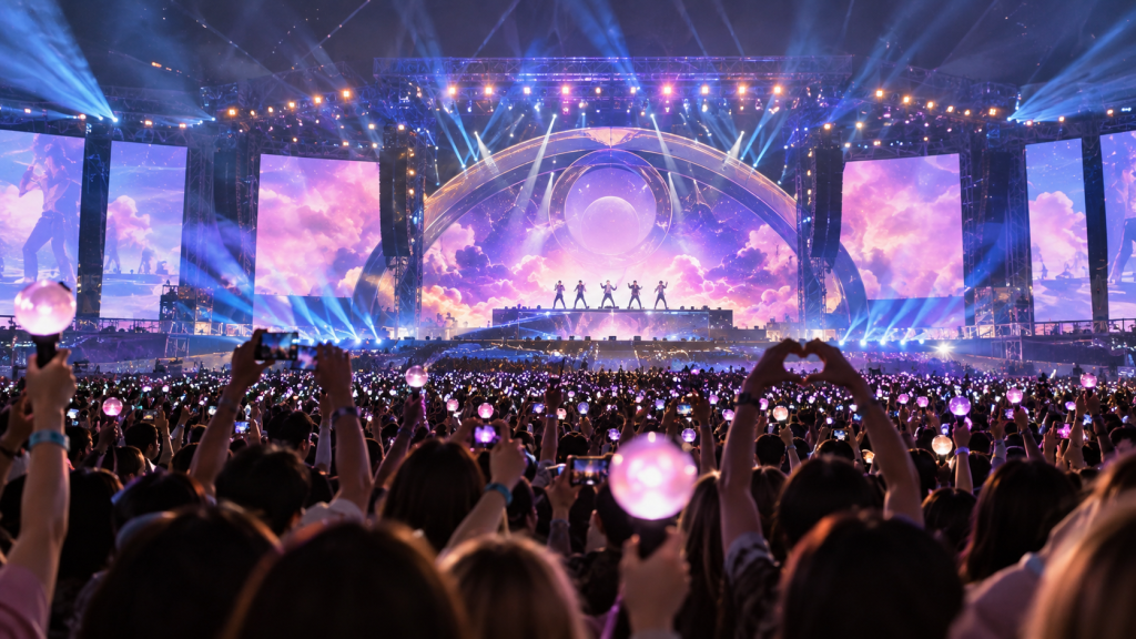 A large crowd at a concert holds light sticks and mobile phones while watching performers on stage, illuminated by colorful lights and large screens displaying vibrant visuals.