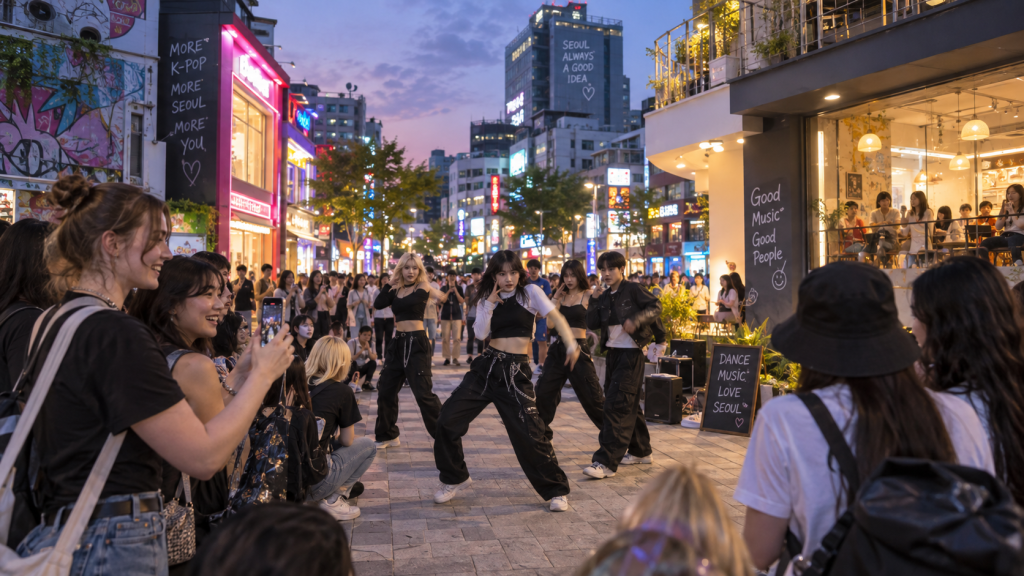 A lively street performance in Seoul featuring dancers in casual outfits, with an audience gathered nearby, enjoying the show against a vibrant urban backdrop.
