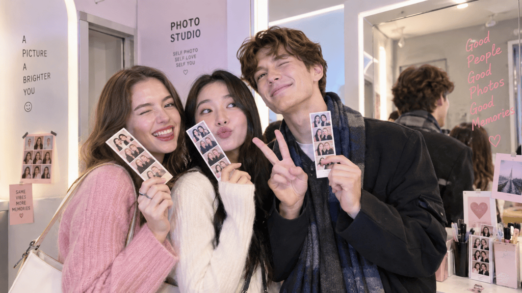 Three friends posing happily in a photo studio, holding photo booth strips, with a playful atmosphere and bright decor.