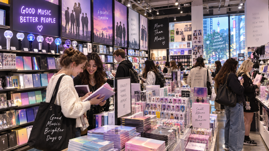 A vibrant music store filled with various albums and merchandise. Two women are smiling and browsing through books while a diverse group of customers explore the shelves. The store features colorful displays, neon signs, and posters from different artists, creating an inviting atmosphere.
