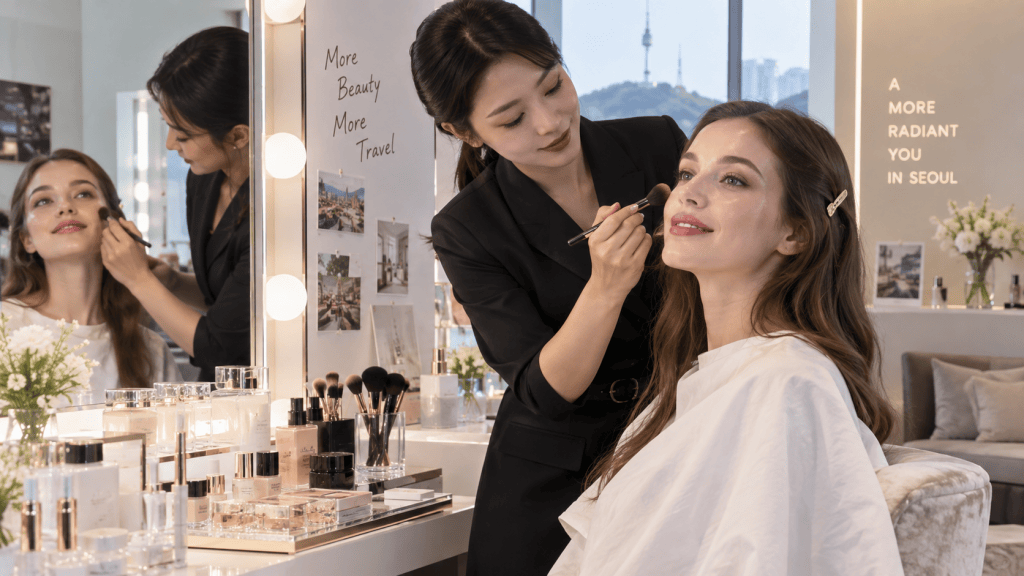 A makeup artist applies makeup to a woman in a beauty salon, with various cosmetic products displayed on the table and a city view in the background.
