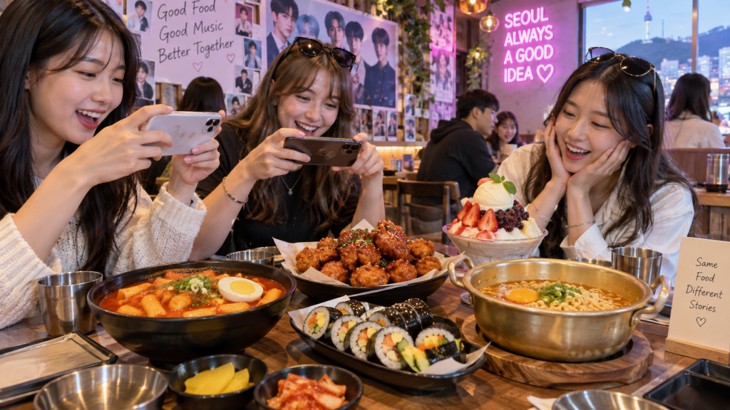 Three friends enjoying a meal together in a vibrant restaurant, taking photos of their food. The table features various dishes, including tteokbokki, sushi rolls, fried chicken, and a dessert topped with fruits. A colorful backdrop and a sign reading 'Seoul Always A Good Idea' enhance the cheerful atmosphere.