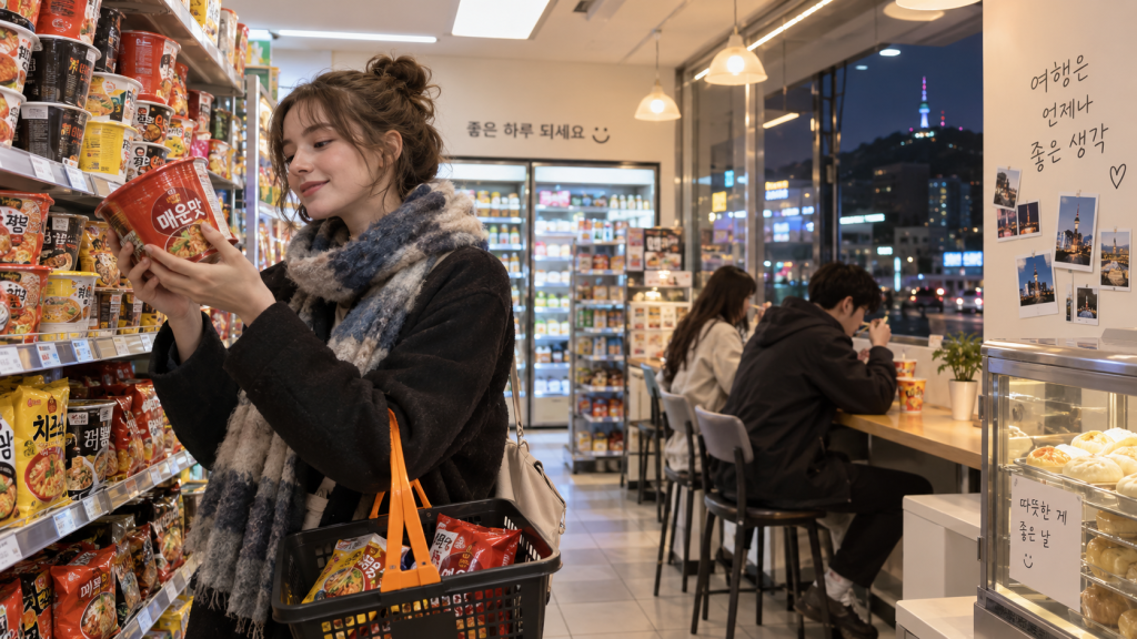 A young woman in a cozy shop examines a bowl of noodles while holding a shopping basket. In the background, shelves are filled with various noodle products, and two individuals are seated at a table enjoying their meals.