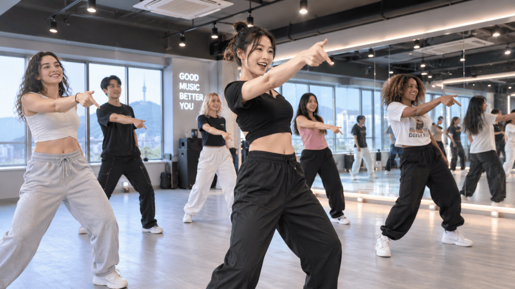 A group of diverse dancers in a mirrored studio, wearing comfortable workout attire, engaged in an energetic dance routine while smiling and pointing in a choreography class.