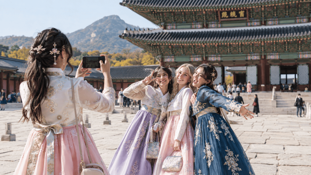 Four friends wearing colorful traditional Hanbok outfits pose for a photo in front of a historical Korean palace.