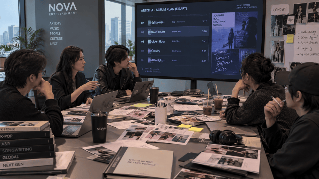 A group of six people discussing an album plan during a meeting, with a laptop and various documents spread on the table. A large screen displays the draft album tracklist and related visuals.