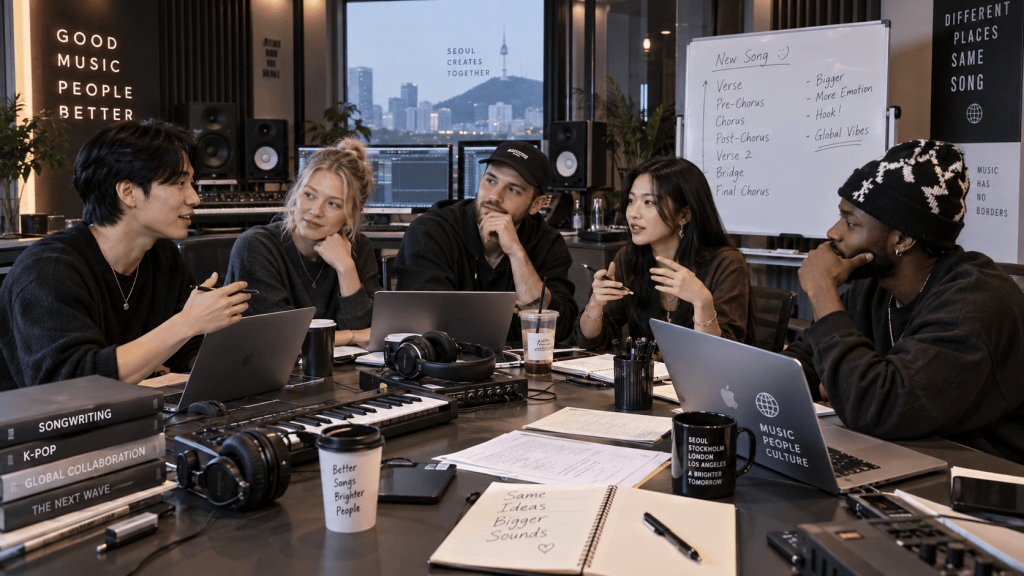 A diverse group of five individuals engaged in a collaborative music songwriting session at a modern workspace, surrounded by musical instruments and equipment, with a city skyline visible through the window.