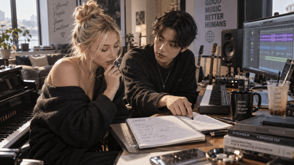 A young woman in a cozy sweater is writing in a notebook while sitting next to a young man, who is pointing at some notes. The room is filled with musical instruments and recording equipment, and sunlight streams in through large windows.