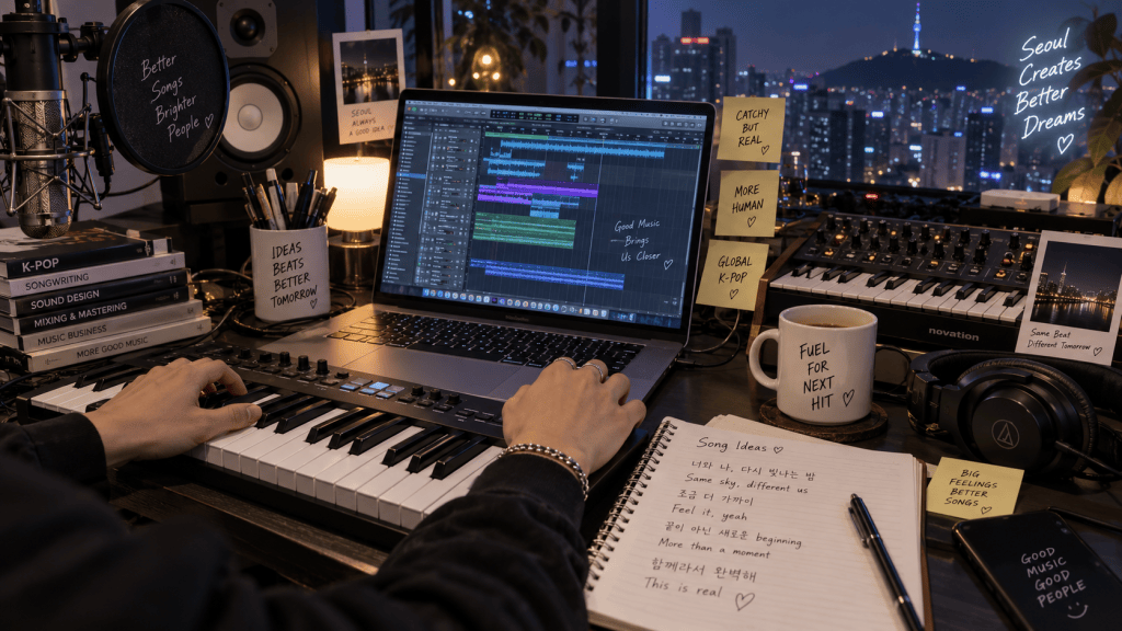 A person composing music on a keyboard while using a laptop, surrounded by music production equipment, books, and motivational notes, with a city skyline visible in the background.