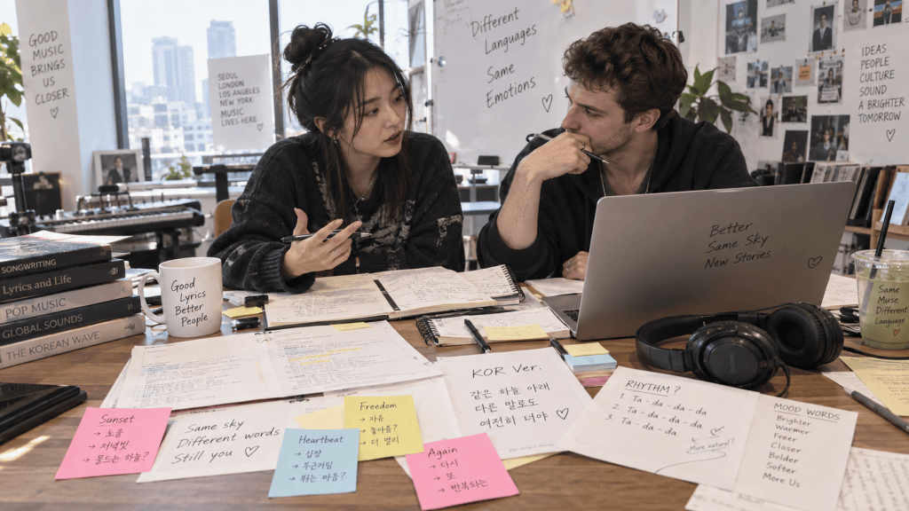 Two individuals engaged in a discussion at a desk filled with papers, notes, and a laptop. The desk features colorful sticky notes with phrases in English and Korean, highlighting themes like music, emotions, and language.