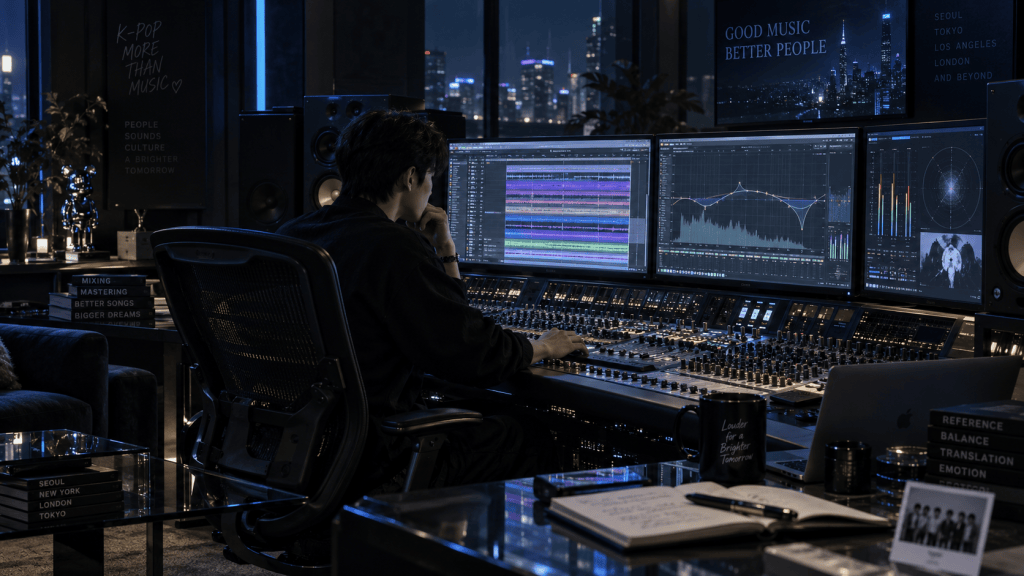 A music producer working in a dark, modern studio, adjusting audio levels on a digital mixing console with multiple monitors displaying audio tracks and waveforms, city lights visible through large windows.
