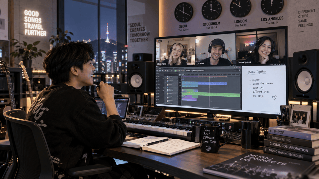 A musician working in a home studio, smiling while engaged in an online collaboration with three other people on a video call. The screen displays a music editing software interface with notes about the song 'Better Together.' In the background, there are music-related decorations and city skyline views.