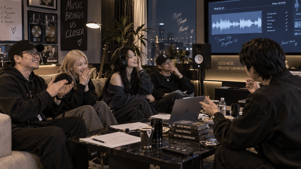 A group of four people sitting together in a cozy room, excitedly engaged in a music review session. One person is using headphones and looking at a laptop screen displaying music track details, while others are clapping and reacting positively. The room has a warm ambiance with plants and framed records on the walls.