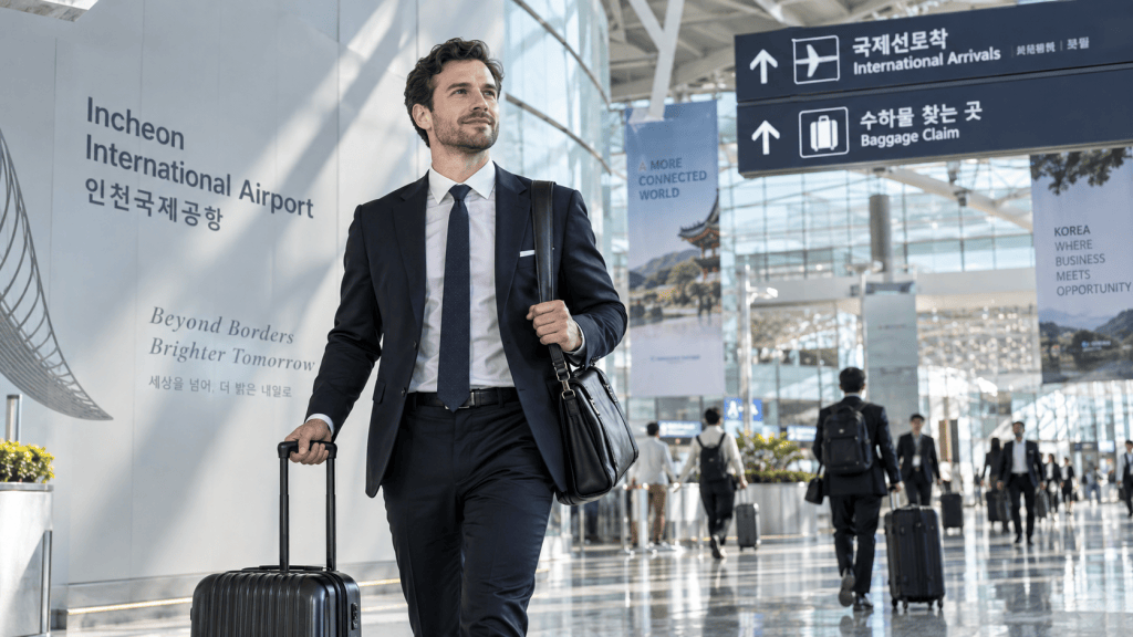 A businessman in a suit walking through Incheon International Airport with a suitcase and a carry-on bag, surrounded by other travelers and airport signage.