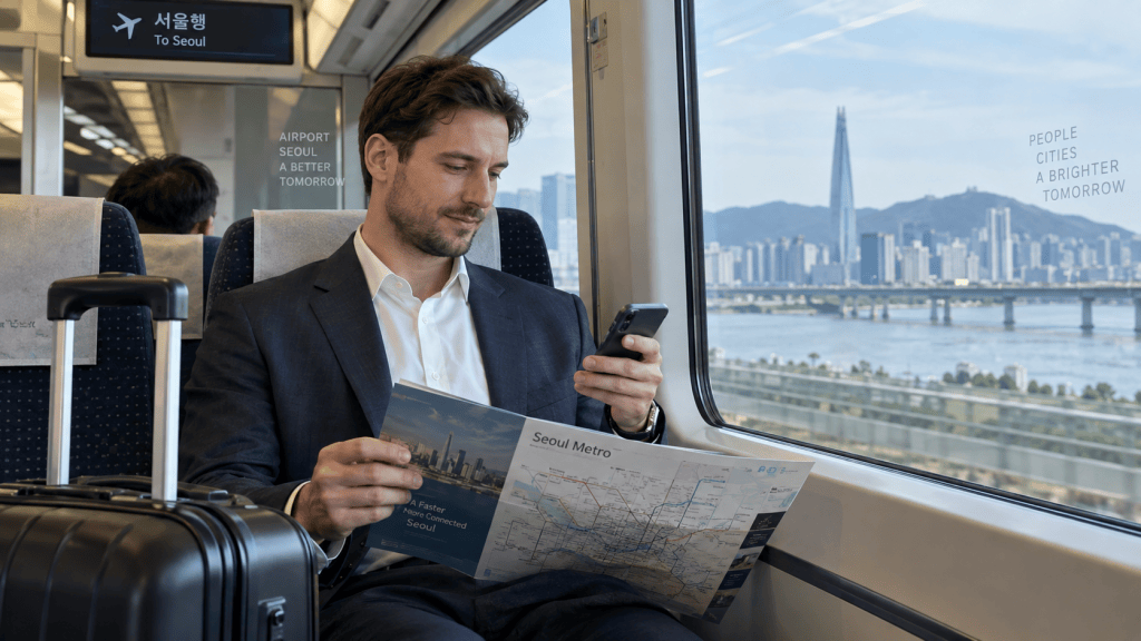 A man in a suit sits on a train, holding a map of the Seoul Metro and using his smartphone, with a cityscape view visible through the window.