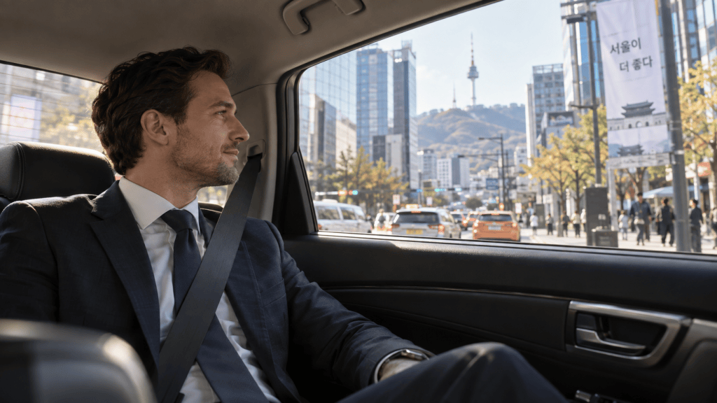 A man in a suit sitting in the back seat of a car, looking out the window at a busy city street with tall buildings and a mountain in the background featuring a transmission tower.