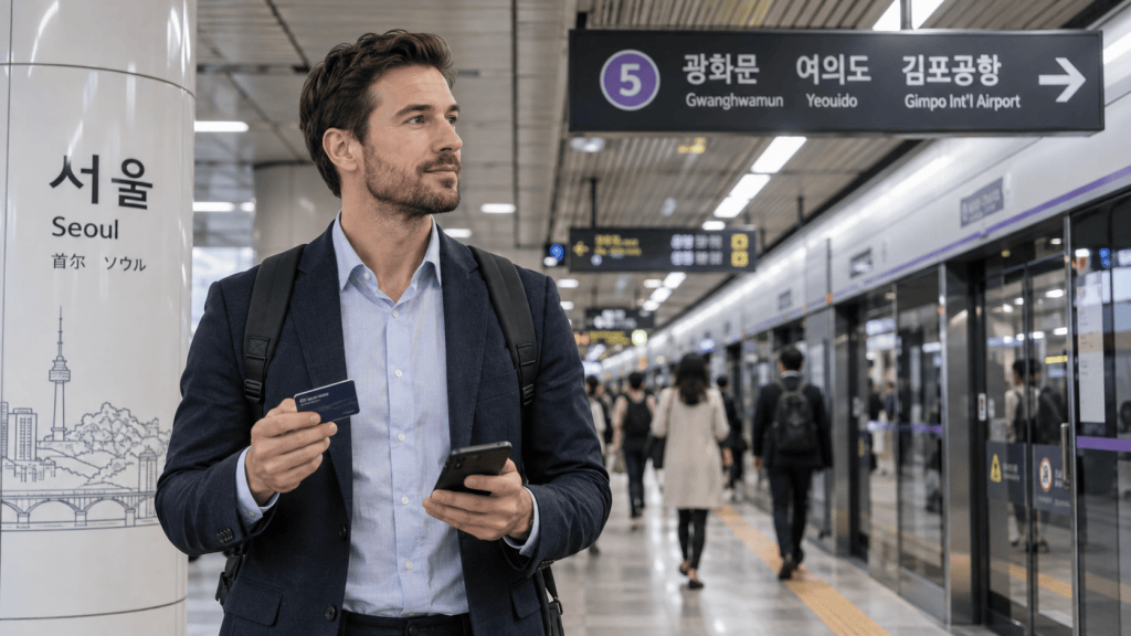 A man stands at a subway station in Seoul, holding a smartphone and a transit card, with signage indicating various destinations.