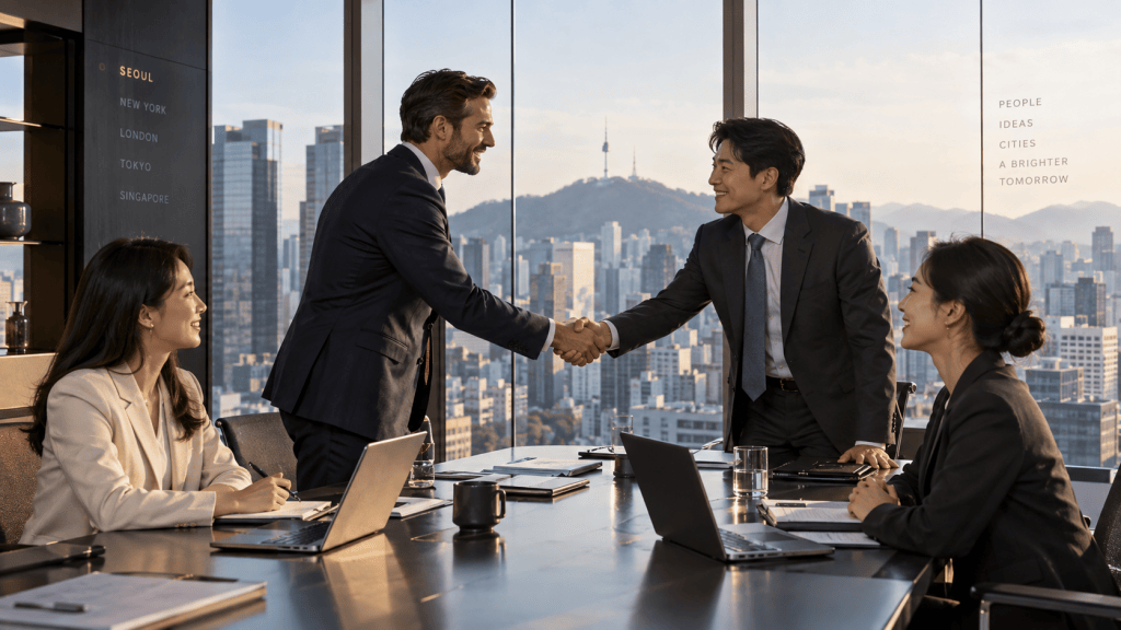 Two business professionals shaking hands in a modern office with a city skyline view, while two colleagues observe at a conference table.