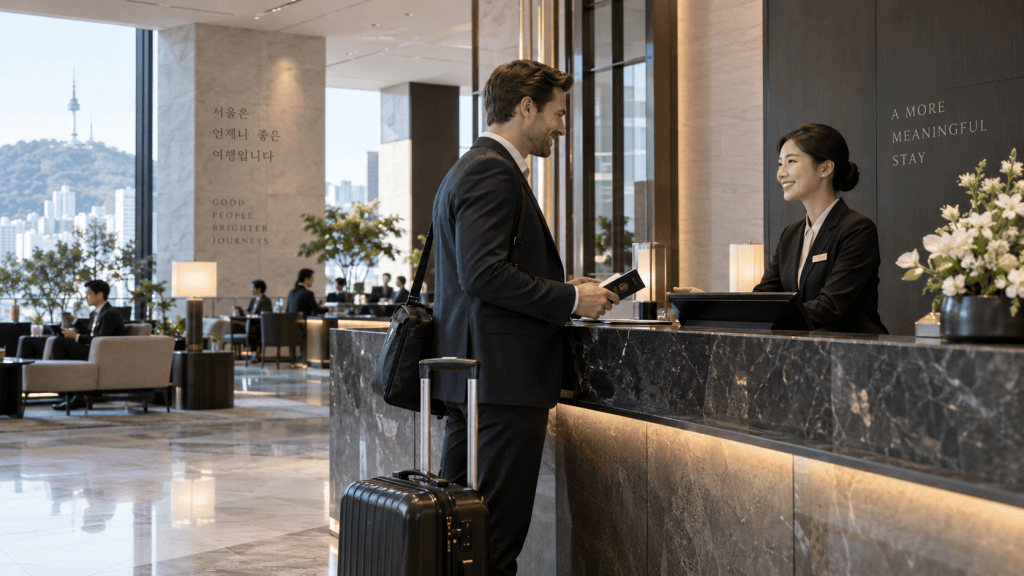 A man in a suit checking in at a hotel reception, smiling at a female receptionist who is standing behind the front desk. A suitcase is beside him, and the lobby features modern decor with plants and a view of a city skyline.