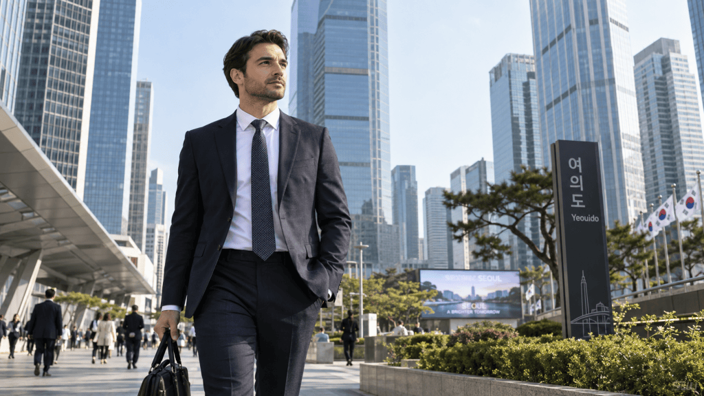 A man in a suit walking confidently in a bustling urban area with skyscrapers, carrying a briefcase, while people move around him. A signpost reading '여의도' (Yeouido) is visible nearby.