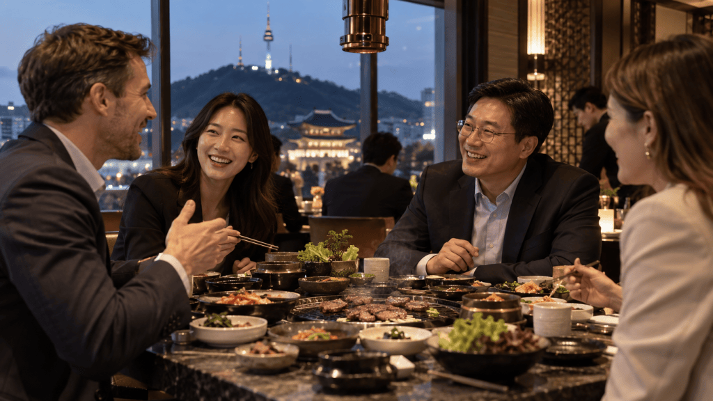 A group of four people enjoying a meal at a restaurant with a view of a cityscape at dusk. The table is filled with various Korean dishes, and the individuals are smiling and engaged in conversation.