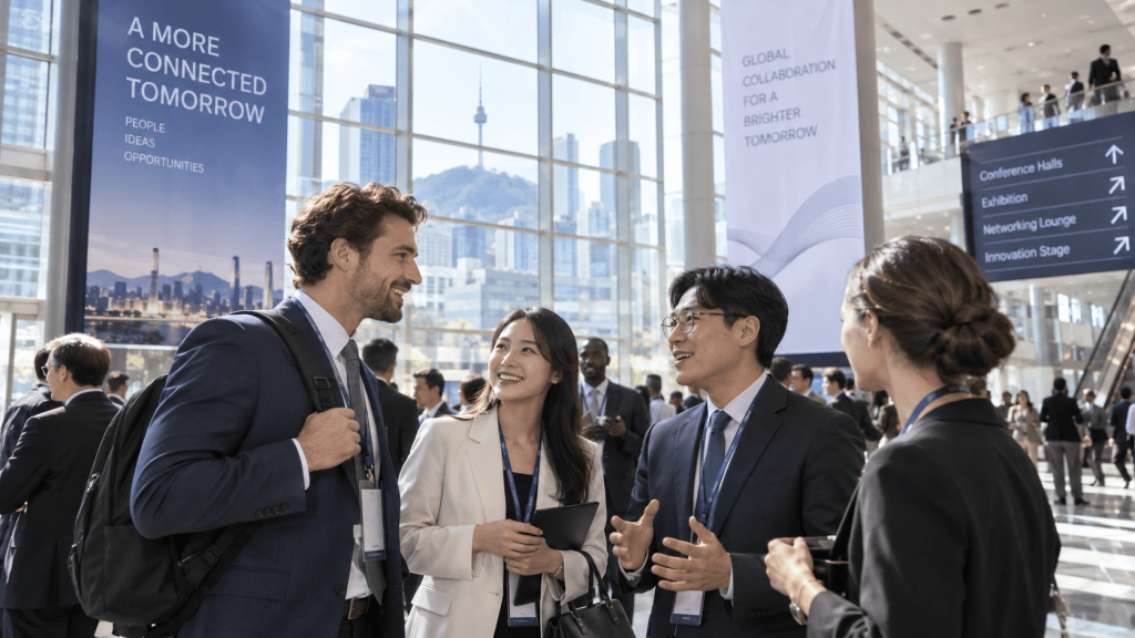 Group of professionals engaging in conversation at a conference venue with banners promoting global collaboration and opportunities.