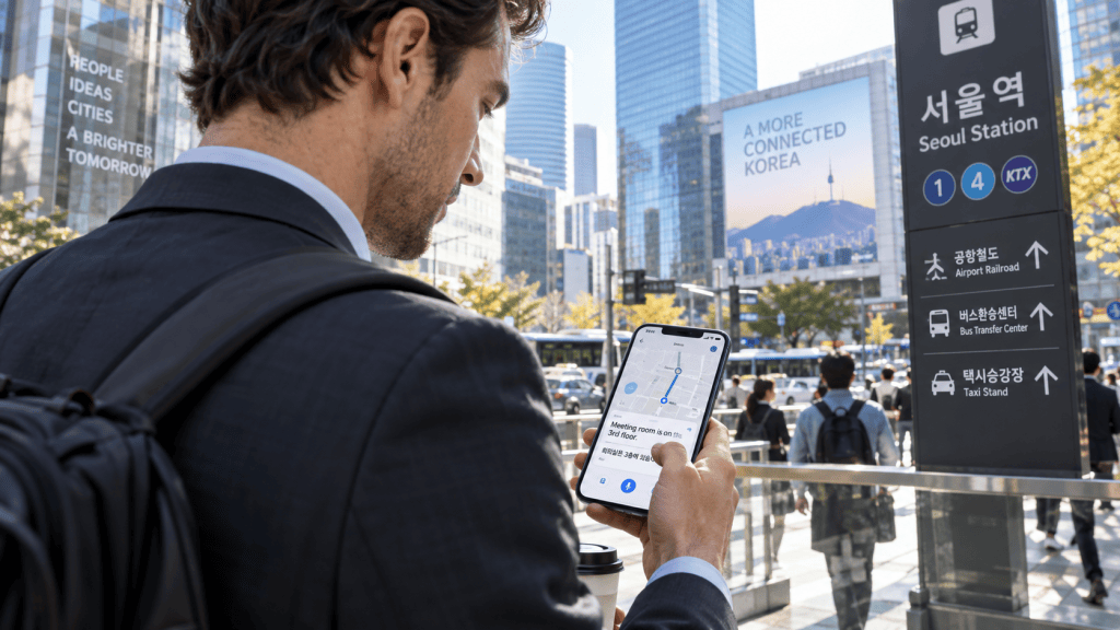 A man in a business suit stands outside Seoul Station, looking at his smartphone which displays a map. In the background, people are walking past a sign for Seoul Station along with advertisements promoting a connected Korea.