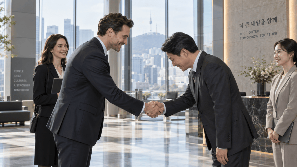 Two businessmen shaking hands in a modern office lobby with a city skyline in the background, while two women observe.