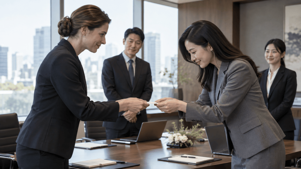 Two businesswomen exchanging business cards in a modern conference room, with two colleagues observing in the background.
