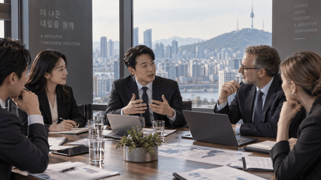 A diverse group of business professionals engaged in a meeting around a conference table, discussing plans with a scenic city view in the background.