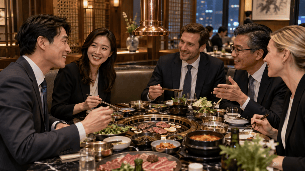 A group of five professionals enjoying a meal together at a restaurant, featuring a Korean BBQ grill, with a variety of dishes and side dishes on the table.
