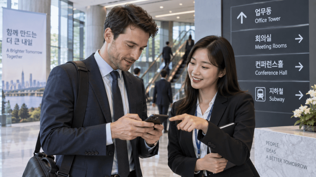 A man and a woman in business attire are engaged in conversation in a modern lobby, with the man looking at his phone and the woman pointing at it. A directional sign indicating various facilities is visible in the background.