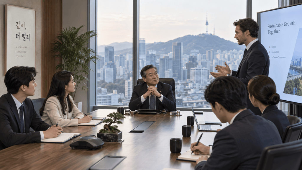 A business meeting in a modern conference room. Six professionals are seated around a table, with one person presenting ideas on a screen. A city skyline is visible through large windows.