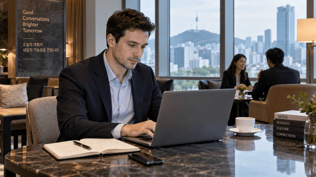 A man in a business suit working on a laptop at a stylish table in a cafe with a view of the cityscape, including mountains in the background. A notebook and pen are on the table, and two people are conversing at a nearby table.