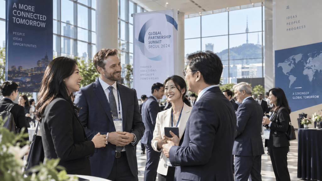 A group of professionals engaging in conversation at the Global Partnership Summit in Seoul, with banners in the background promoting the event.