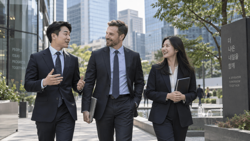 Three business professionals walking together outdoors in a city setting, smiling and engaged in conversation, with modern buildings and greenery in the background.