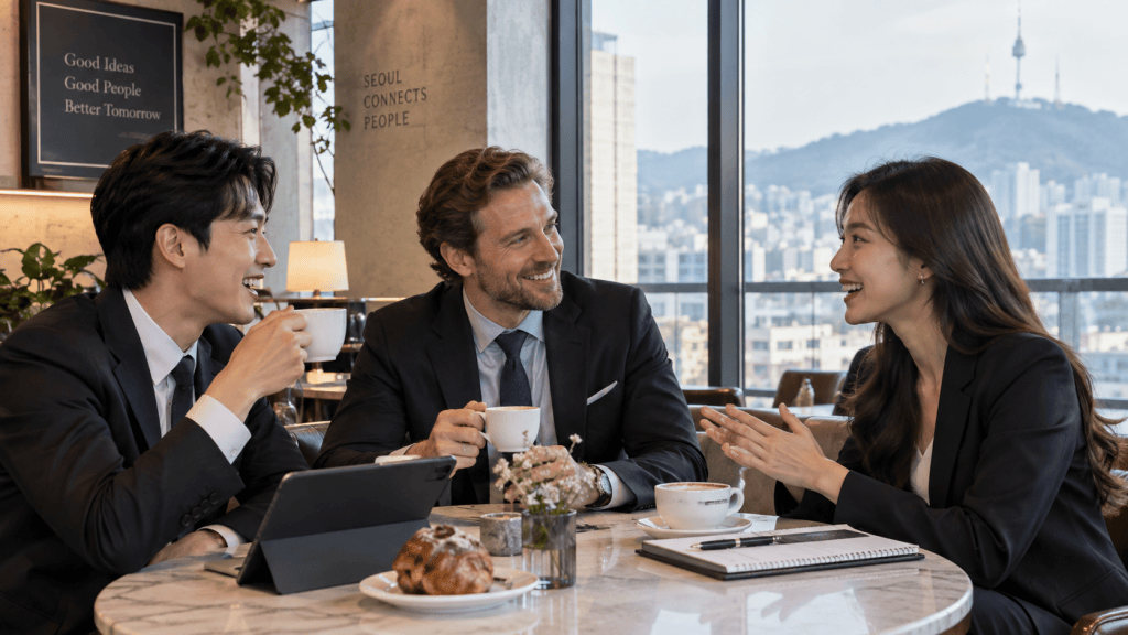 Three professionals engaged in a discussion over coffee in a modern office setting, with a cityscape view featuring Namsan Tower in the background.