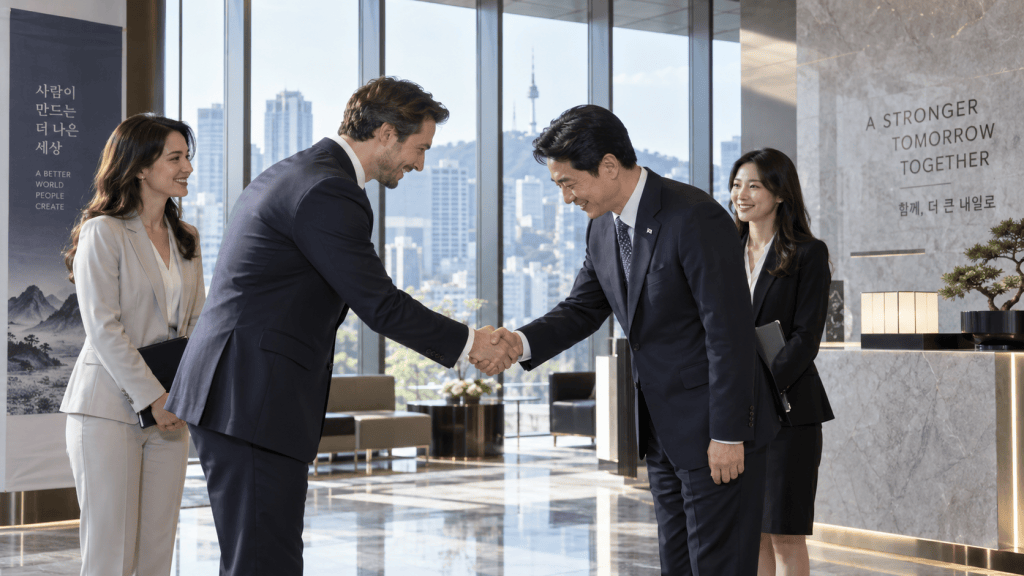 Two business professionals shaking hands in a modern office with a city skyline in the background, accompanied by two women in formal attire.
