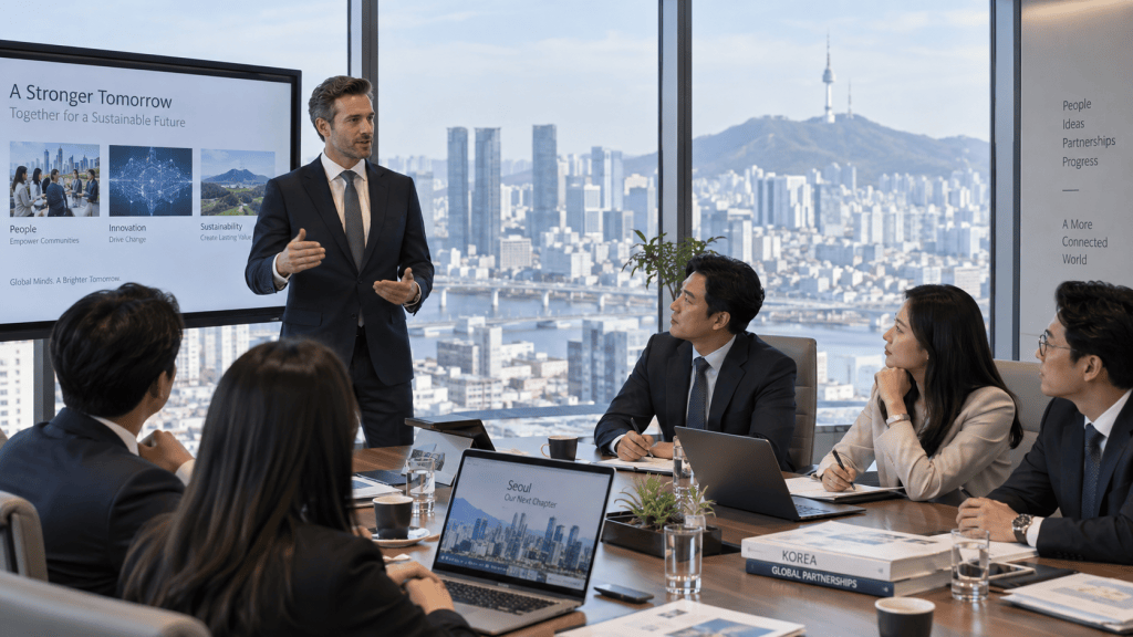 A business meeting in a modern conference room with a city view. A presenter stands in front of a screen displaying a presentation titled 'A Stronger Tomorrow' while six colleagues attentively listen and take notes. Laptops and documents are present on the table.
