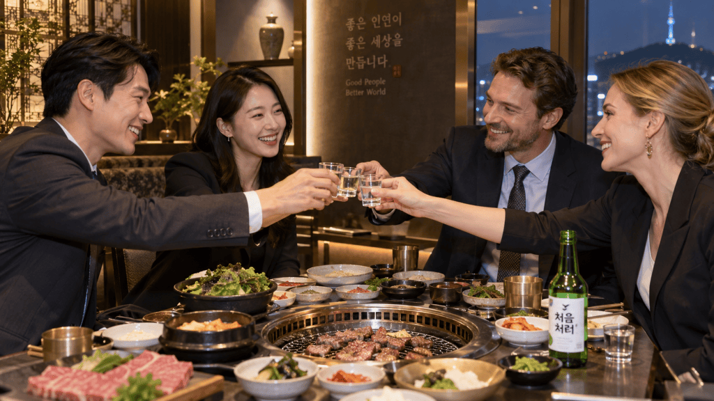 A group of four professionals toasting with glasses in a modern restaurant, surrounded by a variety of Korean food dishes, including grilled meat, vegetables, and side dishes. The setting features a stylish interior with city views.