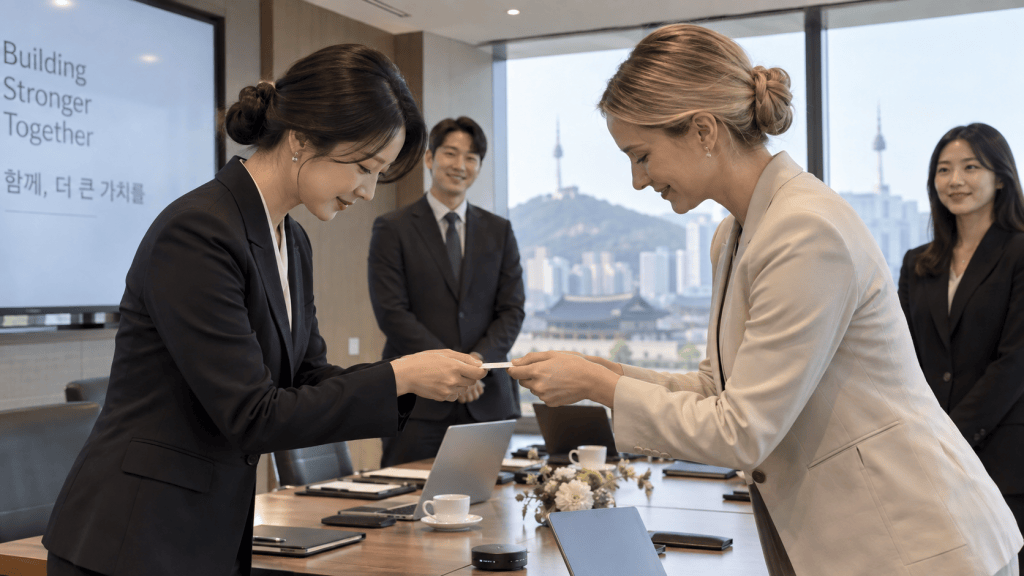 Two businesswomen exchanging cards in a modern conference room, with colleagues observing in the background.