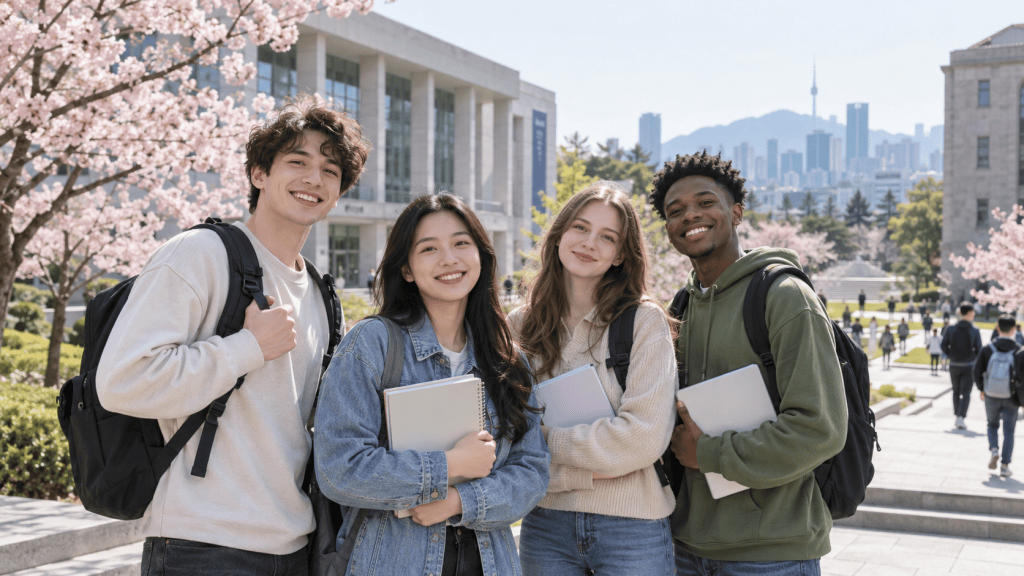 A group of four diverse students standing together outside on a university campus, smiling and holding their laptops. Cherry blossom trees are in bloom in the background, with a city skyline visible.