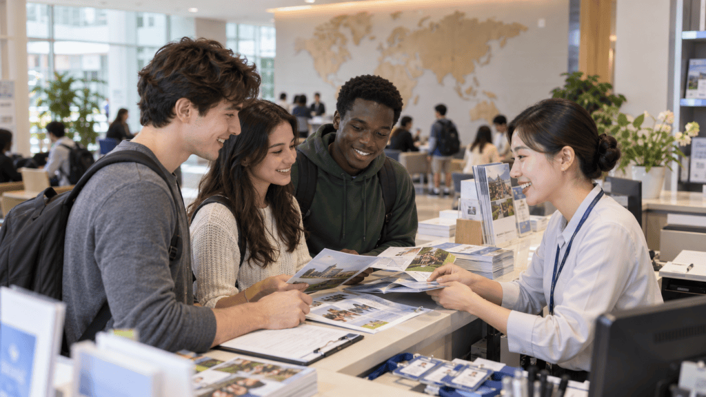 A friendly staff member assists a group of three young adults at a reception desk, showcasing a brochure. The setting includes a map on the wall and a range of informational materials.