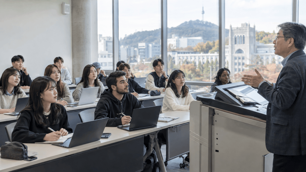 A professor teaching a diverse group of students in a modern classroom with large windows and a scenic view.