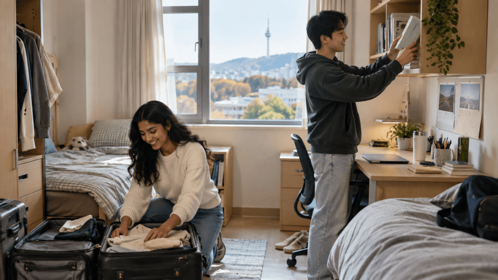 A young woman is smiling while unpacking clothes from a suitcase in a cozy room, while a young man is organizing books on a shelf nearby. A bed is seen in the background along with a window showing a city view.